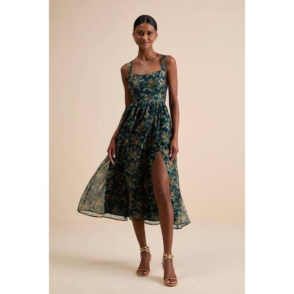 Lulus Francesca Dark Teal Floral Sleeveless Midi Dress Blue - Size L